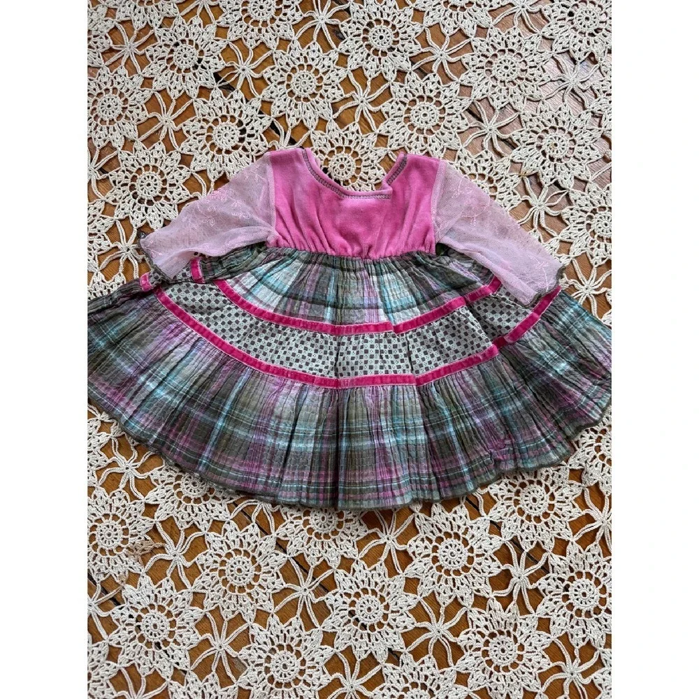 Little‎ Mass Dress Plaid Floral Applique Long Sleeve Pink Velvet 6M